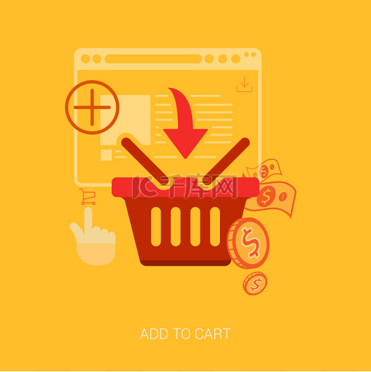 用于网上购物的平面设计图标。添加到购物篮、 袋或购物车电子商务矢量图概念.图片