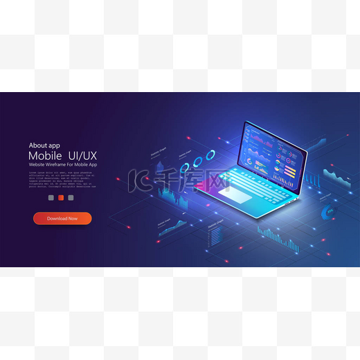 Application of laptop with business statistics and data Analytics. Digital money market, investment, finance and trading. Perfect for web design, banner and presentation. Isometric vector illustration图片