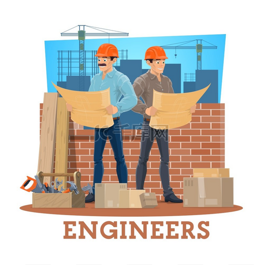 建筑工程行业设计的工程师和建筑师卡通矢量。图片