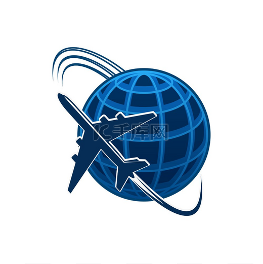 飞机和世界地球图标、旅行社或航空邮政邮件投递和航空物流服务公司。图片