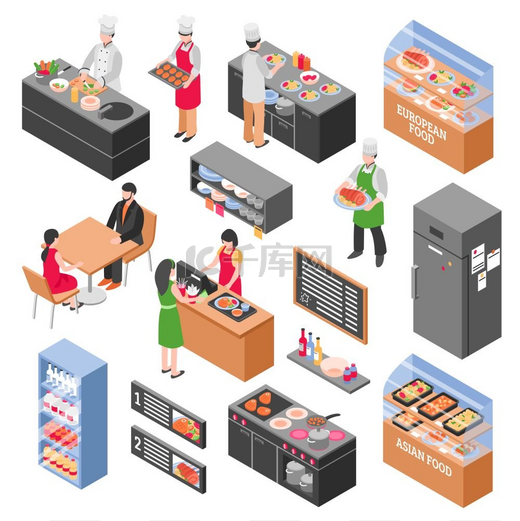 美食广场元素集等距餐厅图标集带有独立的构造元素的美食广场家具冰箱柜台带有人物矢量图图片