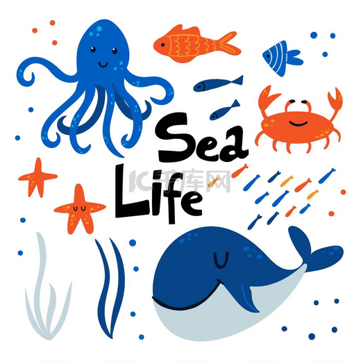海洋生物水下动物集合体。红螃蟹、鲸鱼和鱼、可爱的海星和章鱼、海洋涂鸦集、卡通印刷品或海报、儿童设计元素向量隔离集图片