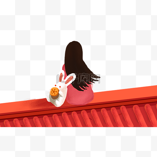中国风房檐女孩兔子吃月饼中秋节图片