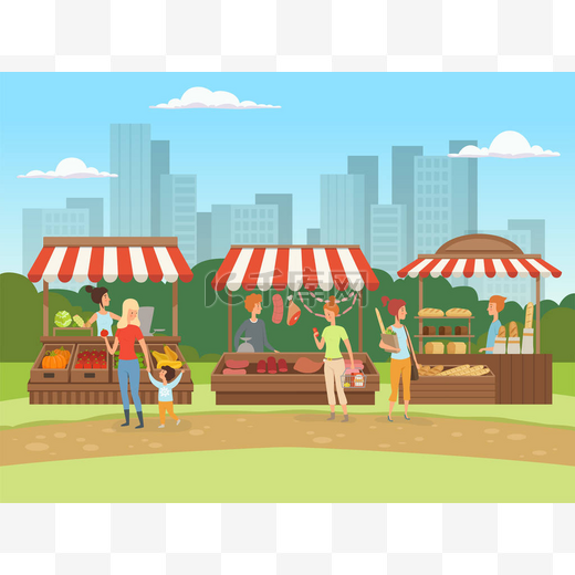 本地市场。食品户外场所在城市景观集市业主与水果蔬菜肉奶矢量卡通背景图片