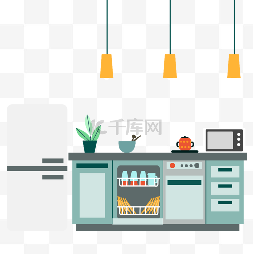 厨房商务扁平冰箱吊灯插画图片