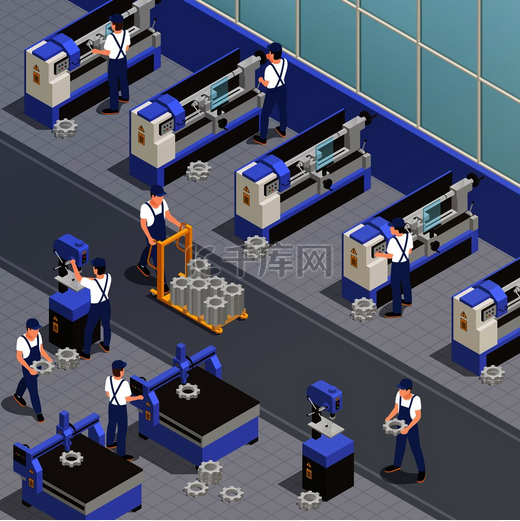 工业机械背景与工厂设备符号等距矢量图图片