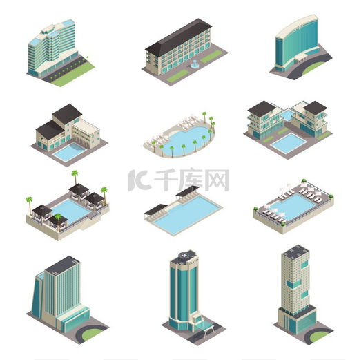 豪华酒店建筑等距图标豪华酒店建筑等轴测图标与现代度假摩天大楼游泳池和休闲区隔离矢量图图片