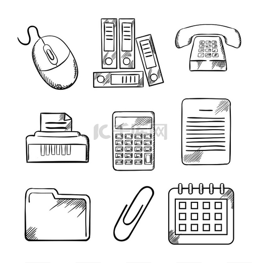 用文件、计算器、打印机、回形针、文档、日历、计算机鼠标和电话绘制办公室和商业图标。图片