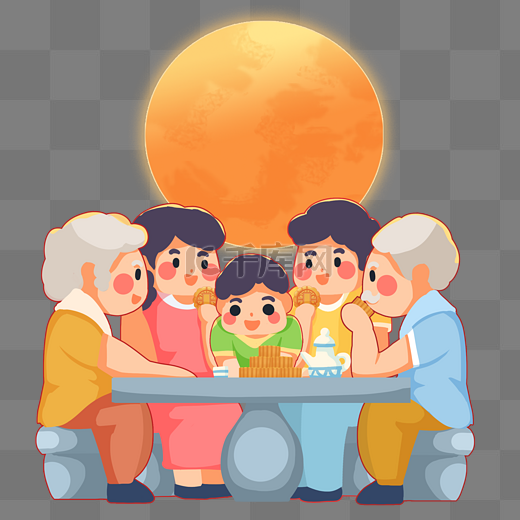 中秋节团聚团圆一家人赏月吃月饼图片
