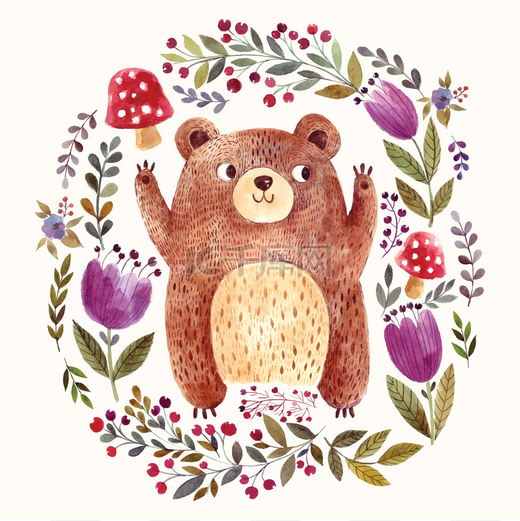 cute bear and floral background.图片