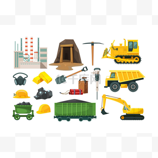 采矿业设备。挖掘机，倾卸卡车，推土机，运煤的货车，工厂联合体，炸药，煤车，矿工头盔。采矿工艺和运输车辆病媒图片