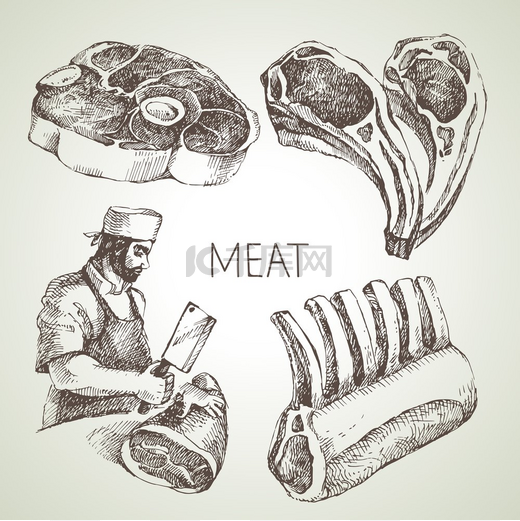 手绘素描肉制品套装矢量黑白复古插图白色背景上的孤立对象菜单设计图片