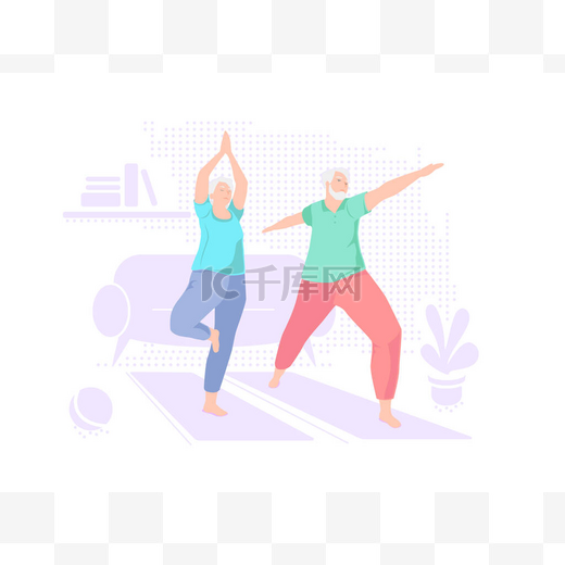 上了年纪的夫妻在家做瑜伽。室内休闲活动。积极健康的生活方式被隔离。运动，适合老年人。平衡训练。老年男女练习病媒图解图片