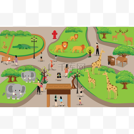 与动物场景矢量图背景从顶级景观动物园卡通人家庭图片