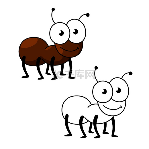 卡通的棕色工蚁小昆虫有一张笑脸和一双有趣的谷歌眼睛吉祥物童书或动物主题的昆虫角色图片