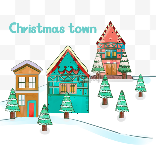 水彩风格圣诞小镇绿色房屋图片