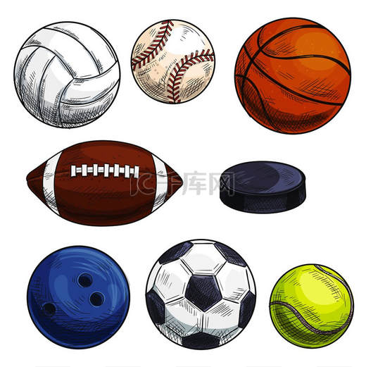 运动球套装手绘彩色铅笔插图体育游戏配件的矢量草图图标橄榄球足球足球棒球篮球网球冰球保龄球排球用球的手绘图运动球套装手绘图片