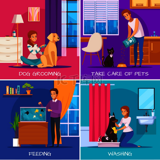 有宠物的人 2x2 设计理念与狗美容洗鱼喂养猫护理方形图标卡通矢量插图。图片