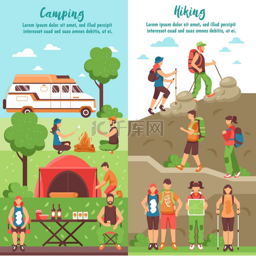 徒步旅行团体垂直横幅露营徒步垂直横幅户外环境矢量插图中人物的可编辑文本和构图图片