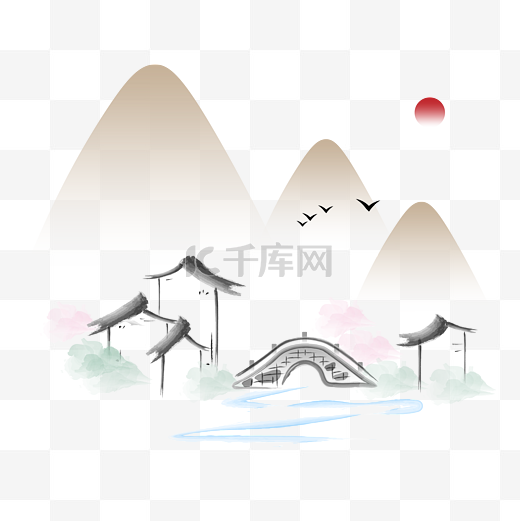 中式古风小桥流水山水图图片