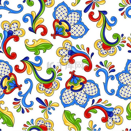 墨西哥无缝花朵图案传统装饰物品塔拉维拉装饰陶瓷民族民间装饰品墨西哥无缝花纹花朵图片