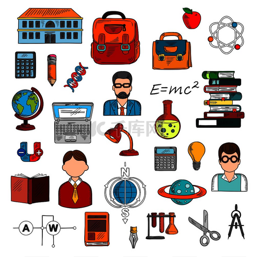 学校用品和教师与学生教育主题设计的图标，包括书籍、计算器、笔记本电脑、铅笔、背包、学校建筑、地球仪、灯泡、公式、DNA、原子、实验室烧瓶、电路、磁铁、剪刀、行星、图片