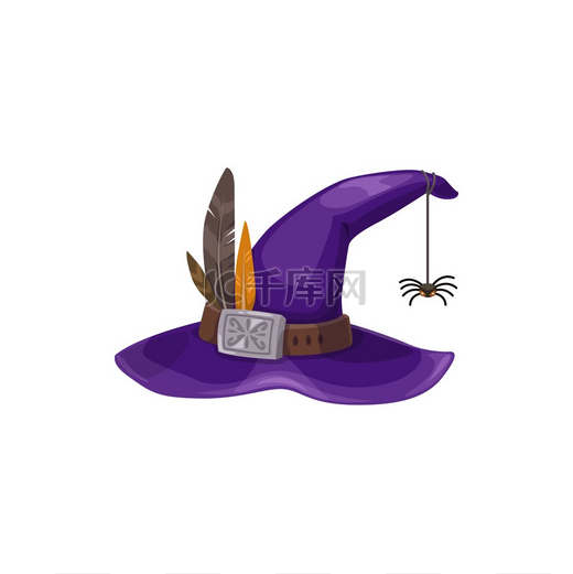 卡通女巫帽矢量图标、带银扣的紫色魔术师头饰、羽毛和蜘蛛挂在网上。图片