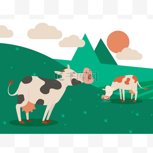 奶牛场和一群奶牛在美丽的夏季景观。吃草的牛。向量例证。家畜与小角和乳房为牛奶生产, 绿色草甸与漂亮的宠物.图片