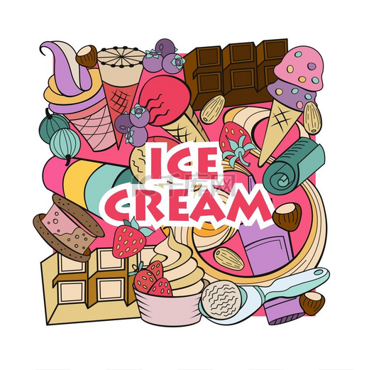 带水果和浇头的各种冰淇淋手绘手绘冰淇淋各种冰淇淋配浇头坚果浆果巧克力和饼干矢量涂鸦插图图片