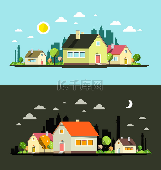 晚上和一天矢量平面设计城市里的房子图片