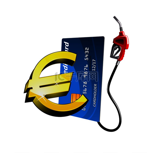 带有汽油泵喷嘴和金色欧元货币符号的蓝色银行信用卡，适用于天然气和石油行业概念。图片