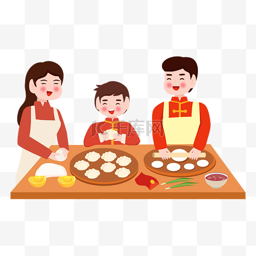 新年一家人包饺子人物图片