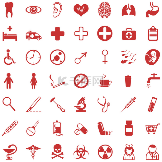 Vector set of 49 red medical icons图片