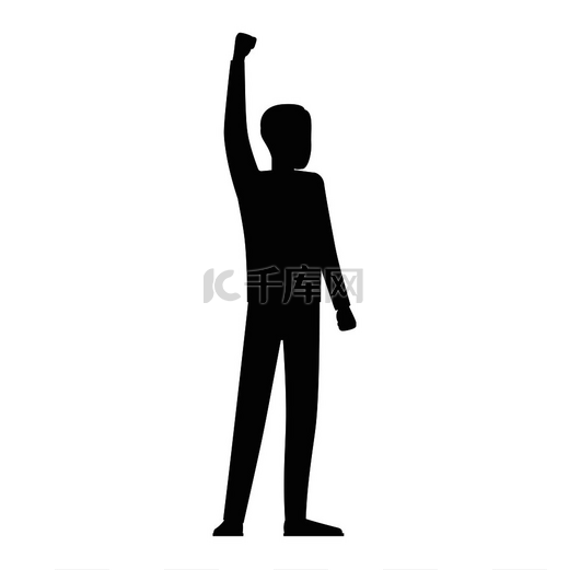 卡通人物黑色剪影举起手，在白色背景上展示抗议孤立的矢量图解。图片
