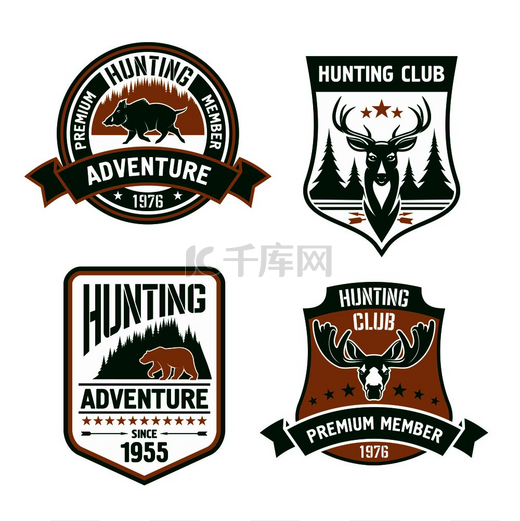 狩猎俱乐部盾牌套装矢量狩猎运动标志有动物野猪鹿麋鹿熊鹿角箭森林高级会员徽章盾牌恤套装狩猎运动俱乐部盾牌图标图片