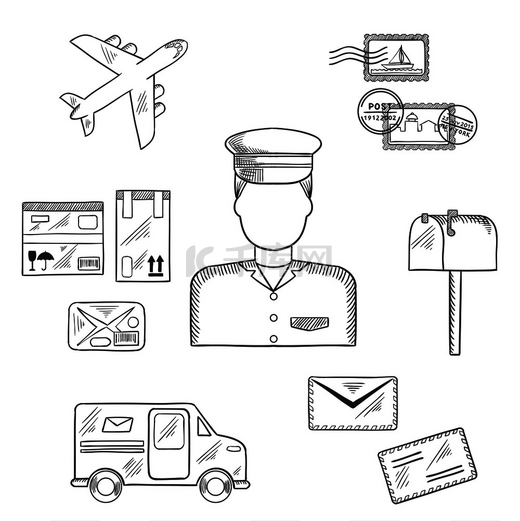 邮递员周围的邮政素描图标，上面有邮票和信箱、包裹和货车、飞机和信件。图片
