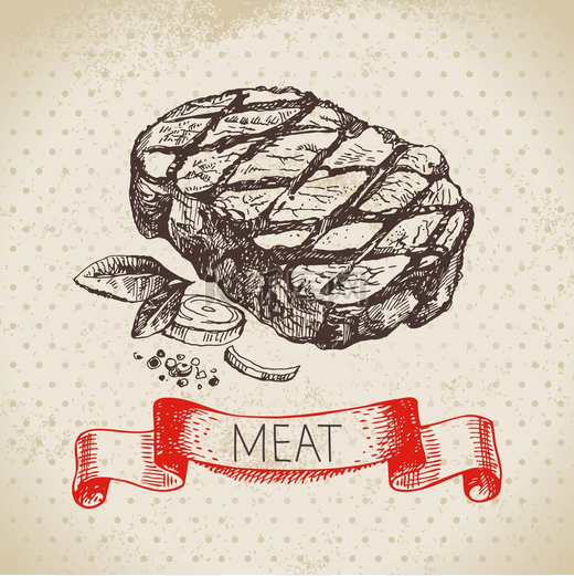 肉品手绘草图矢量复古里贝牛排插图菜单设计图片