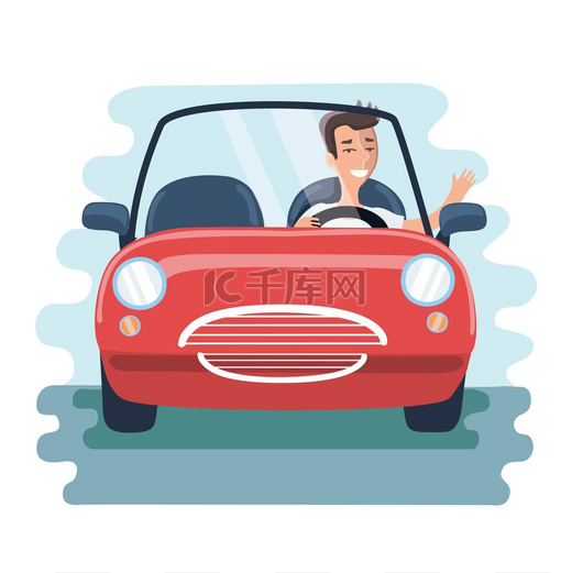 卡通 chereful 的年轻男子在道路上驾驶的红色汽车。前视图图片