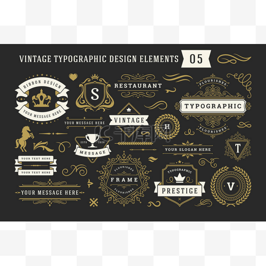 Vintage typographic decorative ornament design elements set vector illustration图片