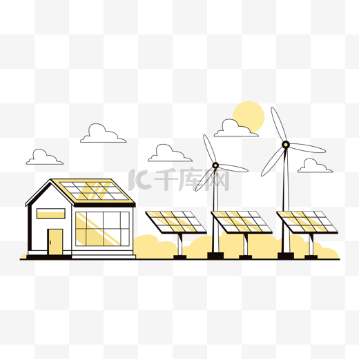 房屋风车太阳能电池板环保绿色能源概念插画图片