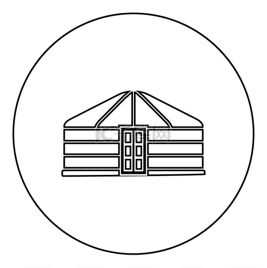 游牧民族的蒙古包便携式框架住宅与门蒙古帐篷覆盖建筑图标在圆形轮廓黑色矢量插图平面样式简单图像。图片