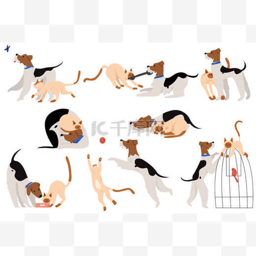 可爱的瞬间友谊狗和猫平坦的卡通矢量图片说明人物集图片