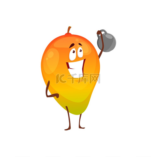 卡通芒果水果运动员矢量图标，有趣的性格锻炼与哑铃做运动锻炼隔离在白色背景。图片