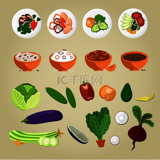 素食和在盘子上切蔬菜的矢量图解。图片