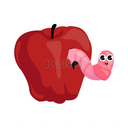 蠕虫和苹果卡通的粉红色毛毛虫角色在红色的甜水果里挖洞可爱的吃昆虫的花园天然食物爬行的小动物滑稽的蛆虫脸上露出幸福的表情矢量插图蠕虫和苹果卡通毛毛虫角色挖掘图片