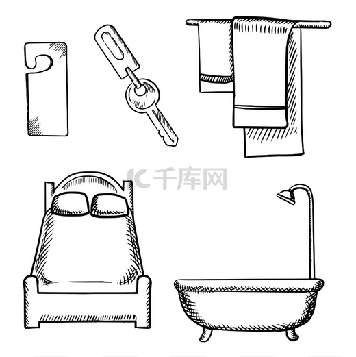 酒店服务图标草图，带有钥​​匙、门牌、舒适的床、浴缸和一套毛巾，隔离在白色背景上。图片