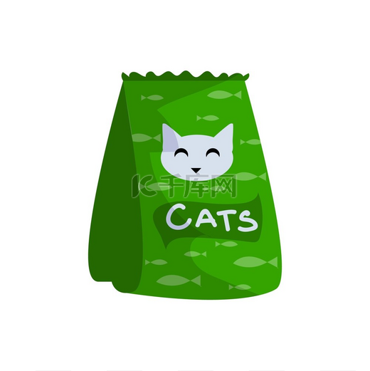 带有猫粮的卡通包装家畜餐喂猫用的绿色袋子宠物营养模板独立的猫咪产品包装兽医商店商品实物模型矢量小猫零食包带有猫粮的卡通包装家畜餐公司图片