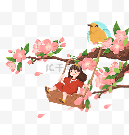 春天海棠和女孩微观组合春分节气图片