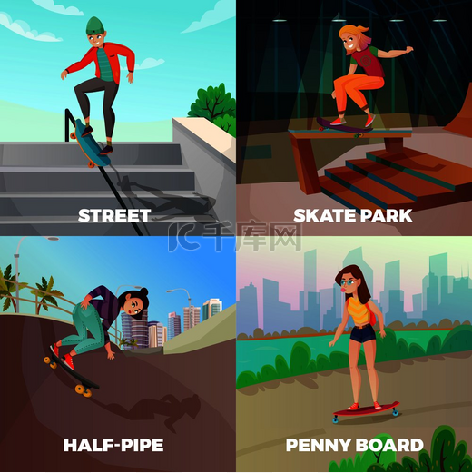 极端滑板 2x2 设计理念与年轻人在城市街道和城市建筑上滑冰平面矢量插图。图片