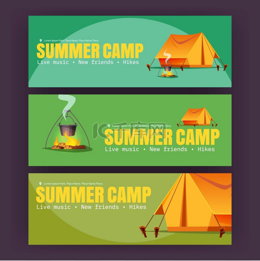 夏令营海报与帐篷、 篝火和圆顶礼帽在绿色背景上。图片